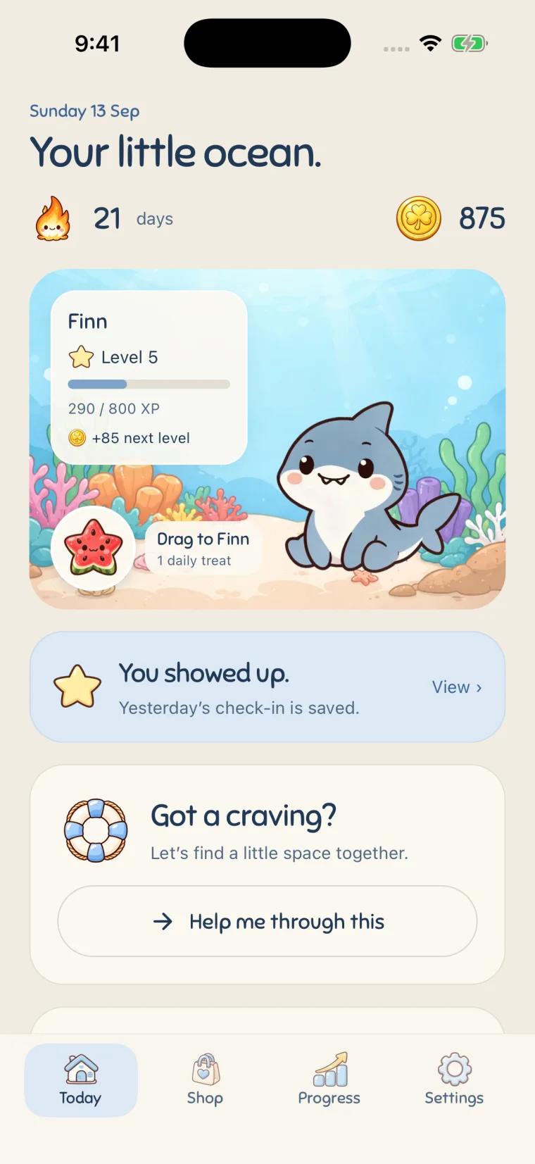 QuitShark Today screen with Finn, a 21-day streak, coins and craving help