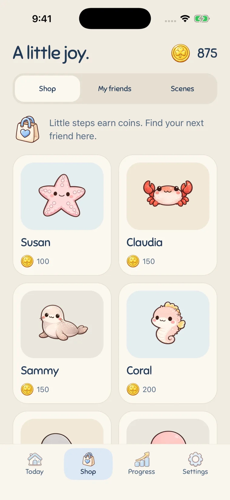 Shop: collect ocean Friends like Susan, Claudia, Sammy and Coral with your coins