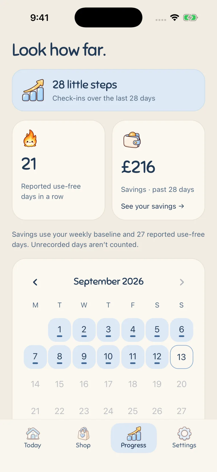 Progress: 28 little steps, a use-free streak and a check-in calendar
