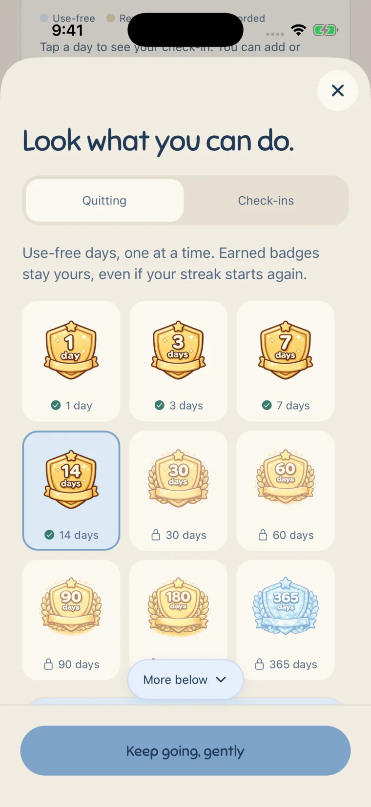 Milestones: earned badges for 1, 3, 7 and 14 days